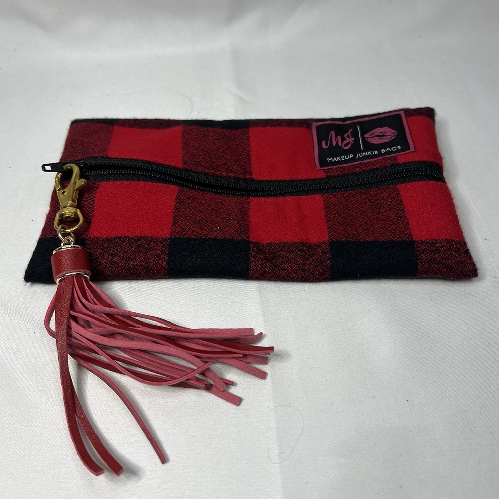 Makeup Junkie Zipper Cosmetic Bag Clutch Red Buffalo‎ Plaid Black Checker Tassel